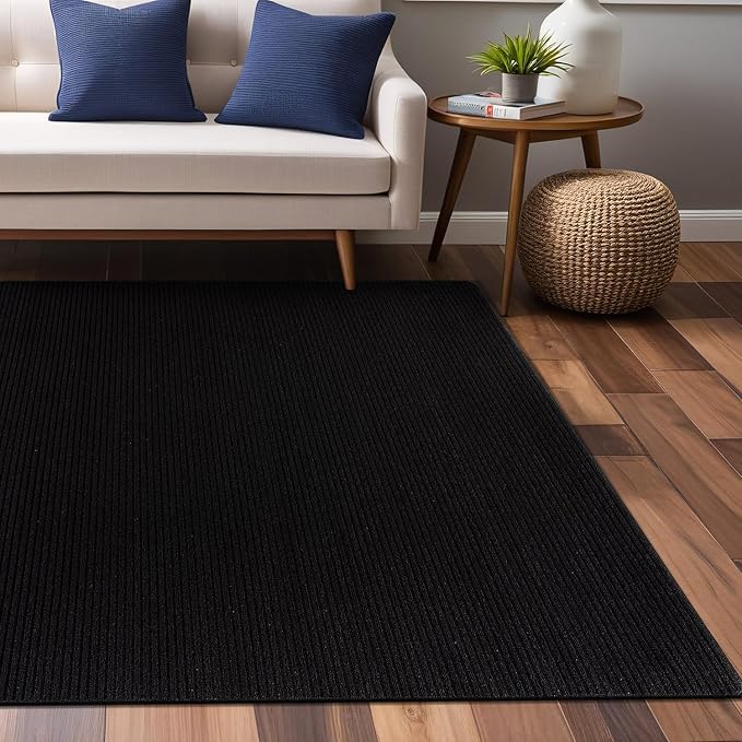 Non Slip Black Solid Rubber Back Thing Rug for Living Room 6x9 Area Rugs for Kitchen, Rugs for Bedroom, Stain Resistant Easy Cleaning Non Shedding Carpet Black 6 x 9