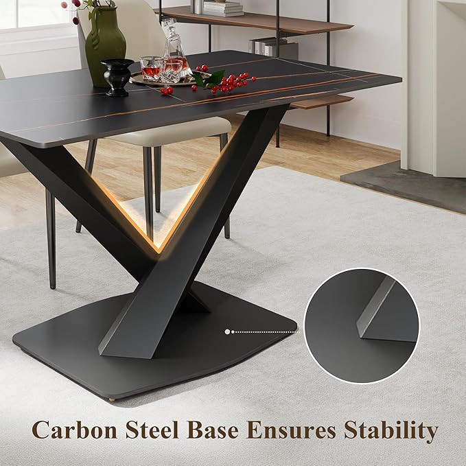 55" Modern Dining Table for 4-6 People, Black Sintered Stone Table Top with X-Shape Carbon Steel Pedestal, Large Rectangular Table for Kitchen Living Room