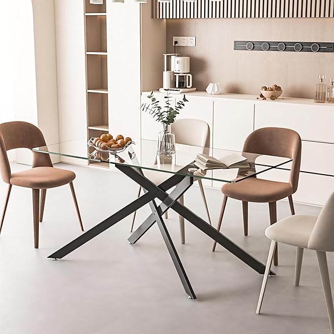 60" Glass Dining Table Modern Kitchen Table for 4-6 People, Contemporary Rectangular Dining Room Dinner Tables with Clear Glass Top & Black Metal X Legs for Kitchen Apartment