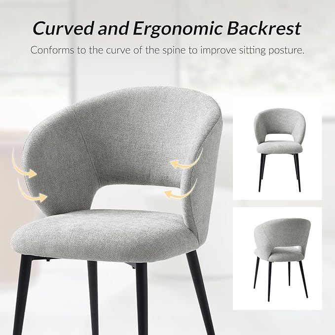Contemporary Dining Chairs with Armrests – Ergonomic Soft-Padded Seat, Curved Backrest, Matte Black Metal Legs, Comfortable Kitchen & Dining Room Chairs, Set of 6