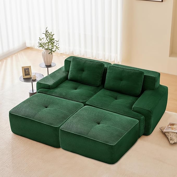Green Ottoman for Modular Sectional Sofa, Corduroy Deep Seat for Oversized Compressed Boneless Sectional Couches for Living Room Bedroom Apartment, Cloud Sofa Couch Set, Memory Foam, No Assembly