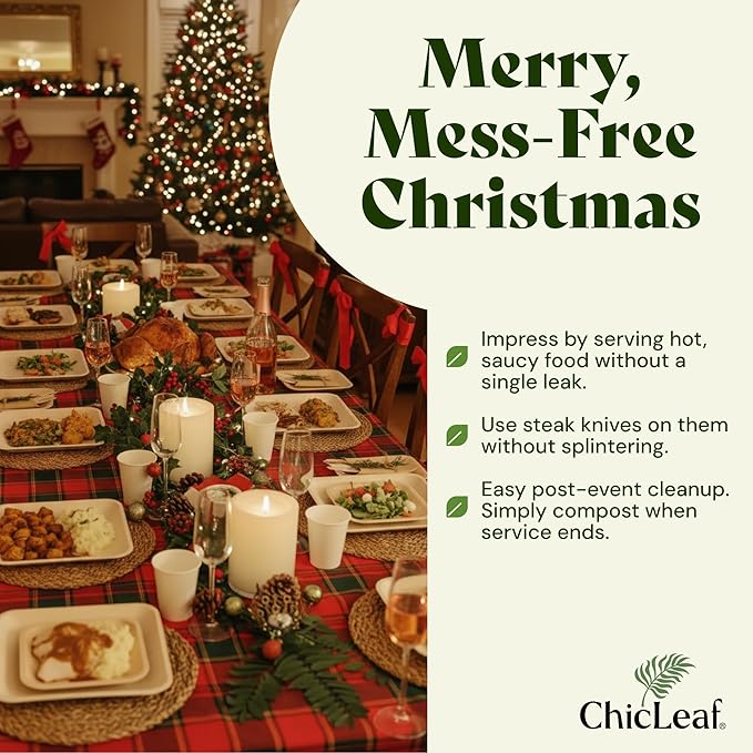 Chic Leaf Round Palm Leaf Plates - 10-Inch & 7-Inch, Pack of 48 - Compostable Disposable Bamboo Plates for Parties, Christmas Dinner, Turkey Family Meal and Holiday Food