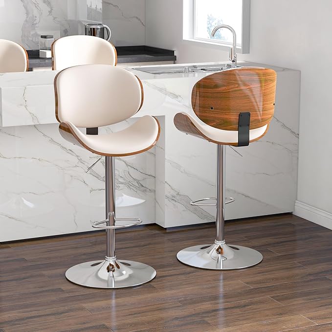 Adjustable Swivel Bar Stools Set of 2, Modern Bentwood Barstool with Large Metal Base and Footrest, PU Leather Upholstered Bar Chair with Curved Back for Kitchen Island Dining Room, White