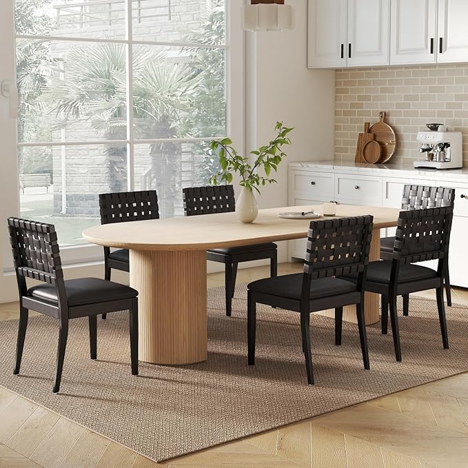Woven Faux Leather Dining Chairs Set of 6, Farmhouse Upholstered Kitchen Chairs with Wooden Legs Armless Accent Side Chairs for Dining Room/Restaurant, Black