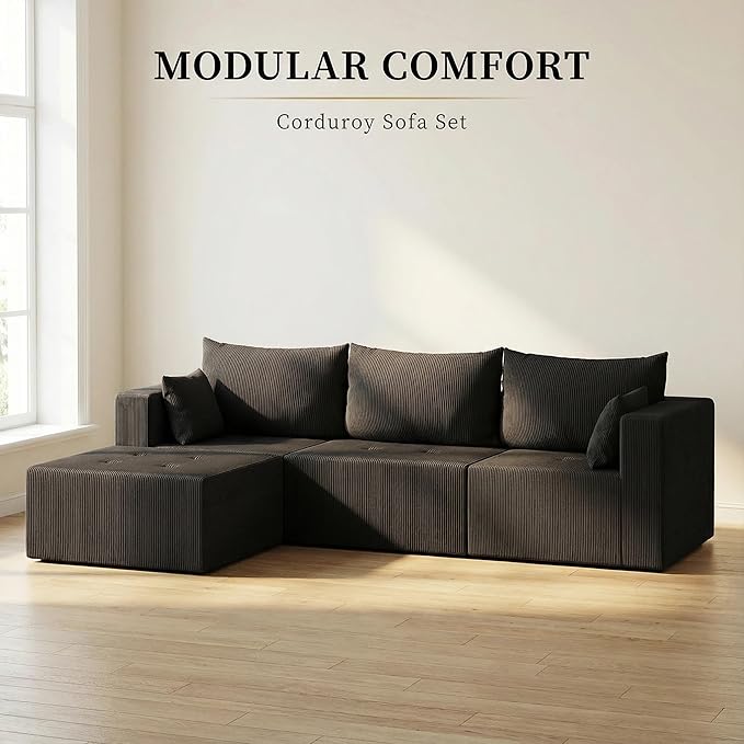 Cloud Boneless Sectional Sofa, Modular Sofa with Deep Seat, Modern Upholstered Couch with Chaise Lounge, Fluffy Comfy L-Shape Sectional Couch for Living Room, Black