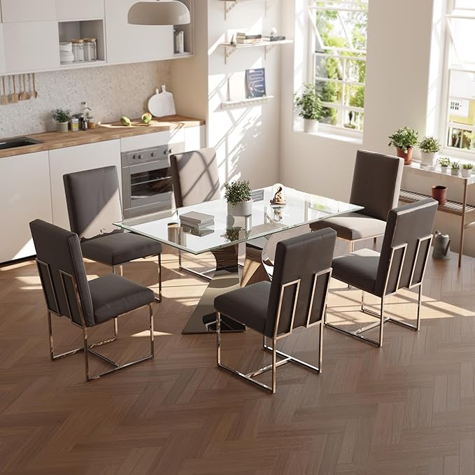 AUZ Dining Chairs, Mid-Century Modern Upholstered Chairs, Gray Faux Leather Dining Room Chairs Set of 2 with Silver Sled Legs