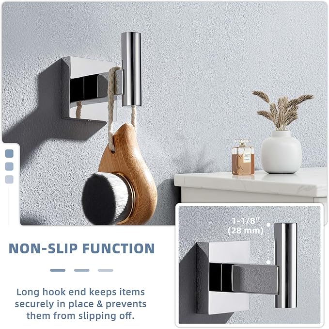 Suyar Bath Towel Hook Polished Chrome, SUS 304 Stainless Steel Modern Shower Robe Holder, Bathroom Coat Towel Hanger Wall Mounted