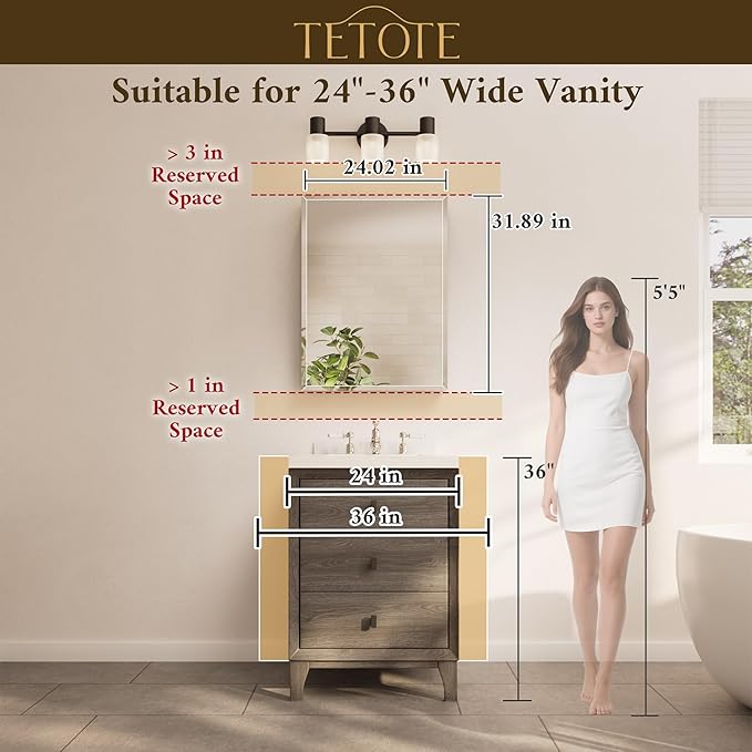 TETOTE 24 x 32 Bathroom Mirror with Storage with Tempered Beveled Mirror White Medicine Cabinet Aluminum Cabinet DTC Hinges, Stepless Adjustable Shelves, Recessed/Surface-Mounted