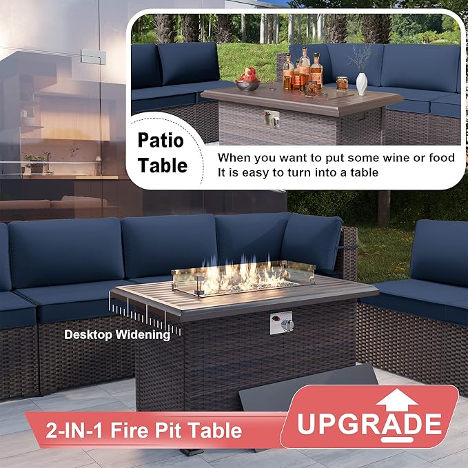 Kurapika 10 Pieces Patio Furniture Set, Rattan Wicker Outdoor Conversation Sets w/43in Propane Fire Pit Table, Swivel Rocking Chairs Patio Sectional Sofa w/4 Inch Cushion, Navy Blue