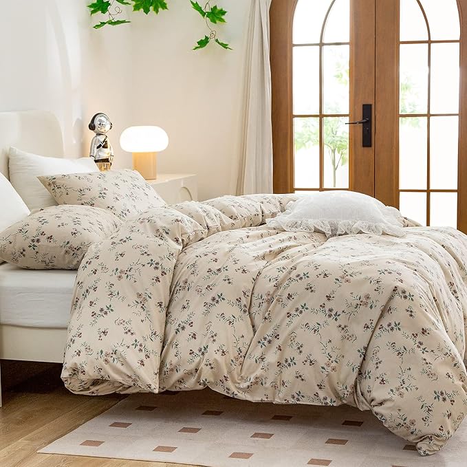 Floral Comforter Queen Set 3 Pieces Soft Cute Vintage Floral Bedding Lightweight Garden Style Botanical Comforter Set for All Seasons 1 Comforter and 2 Pillowcases