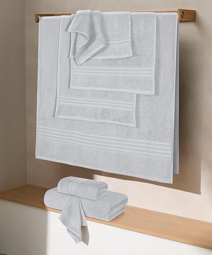 BOUTIQUO 100% Cotton Towel Set, Contains 4 Soft Bath Towel, 6 Hand Towels, 8 Wash Cloths - Compact Absorbent Lightweight & Quickdry Towels for Bathroom - 18 Piece Bathroom Towel Set - Light Grey