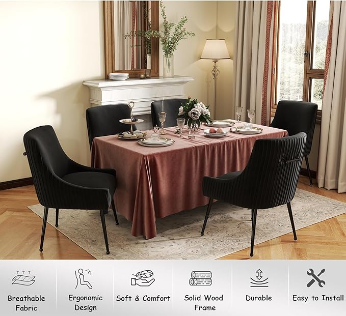 Velvet Dining Chairs Set of 8,Black Upholstered Living Room Chairs with Black Metal Legs, Modern Tufted Accent Chairs for Living Room, Study Room, Kitchen