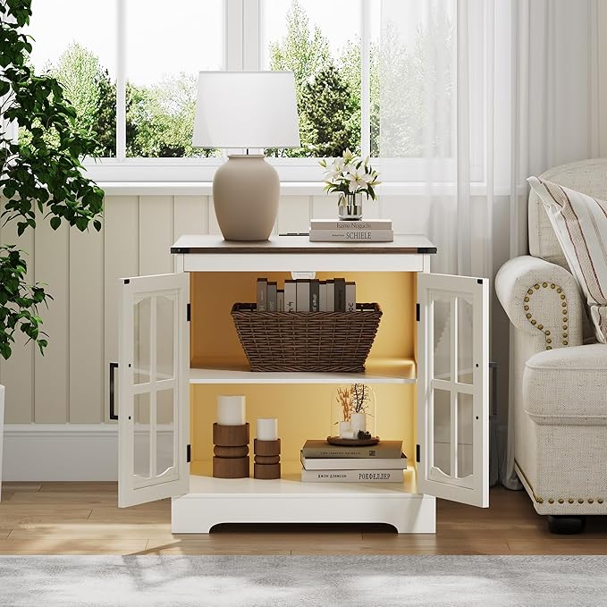 ChooChoo Farmhouse End Tables Set of 2, 24" Large Sofa Side Table with LED, Rustic Square Nightstand Set 2 with Glass Barn Door, Bedside Table with Storage for Living Room Beige（Cream and Brown