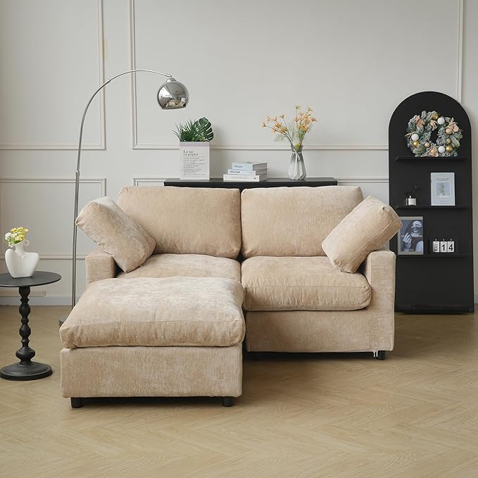 JACH 67" Love Seat Sectional Couches with Chaise Ottoman, Modern Convertible Modular Sofa, Cloud Sectional Couch, Sofa Covers Washable, Minimalist Couch for Living Room, Bedroom, Apartment, Khaki