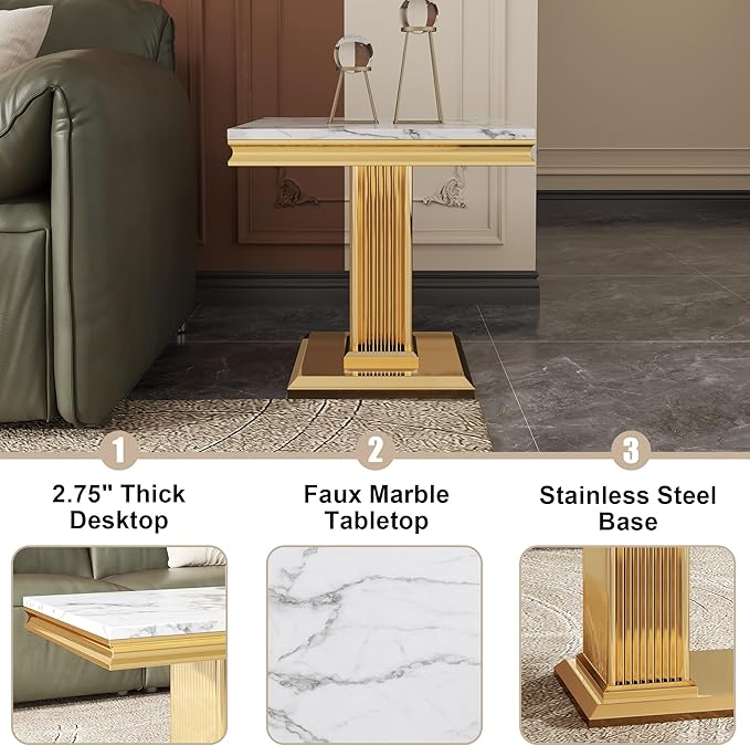 Luxury Living Room Coffee Table Set of 3, Marble Coffee Table and 2 End Side Tables, 3 Piece Living Room Table Set with Stainless Steel Base for Living Room, White Gold