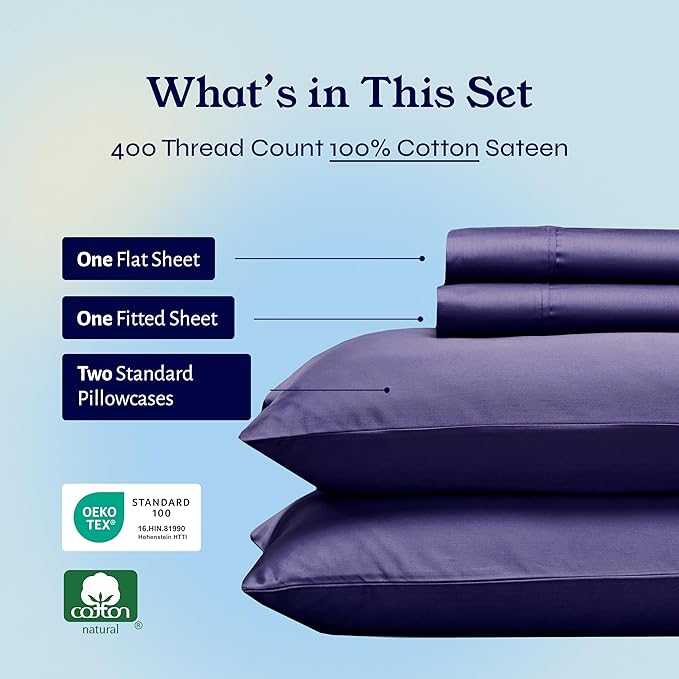 California Design Den Full Size Bed Sheets Set - Soft 400 Thread Count Sateen, Natural 100% Cotton Sheets with Deep Pockets, Breathable, Cooling and Durable Bedding Set - Purple