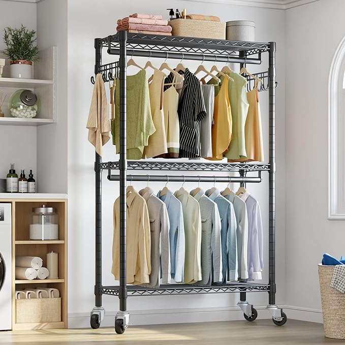 VIPEK R2 Clothes Rack Heavy Duty Clothing Rack for Hanging Clothes, Rolling Garment Rack Adjustable Closet Racks with Double Rods & Hooks, Freestanding Wardrobe Closet Coat Storage Racks, Black