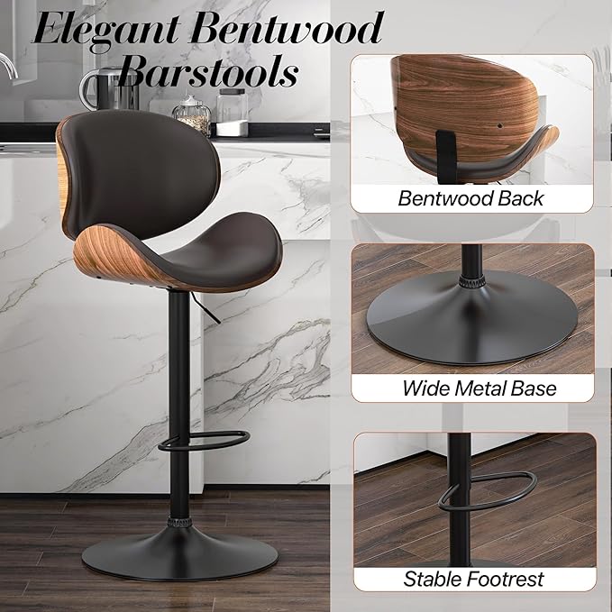 Adjustable Swivel Bar Stools Set of 4, Modern Bentwood Barstool with Large Metal Base and Footrest, PU Leather Upholstered Bar Chair with Curved Back for Kitchen Island Dining Room, Brown