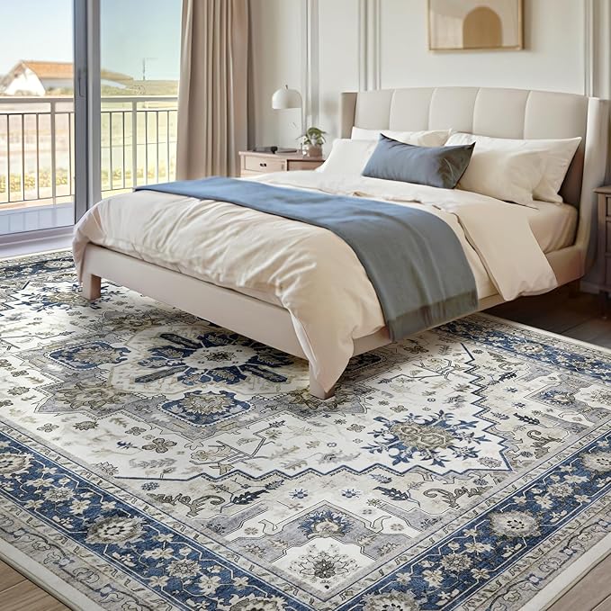 Machine Washable Area Rug 8x10 - Large for Living Room Vintage Oriental Soft Rugs, Low Pile Thin Floor Carpet with Non Slip Backing for Bedroom, Dorm, Under Dining Room Table, Indoor House, Office