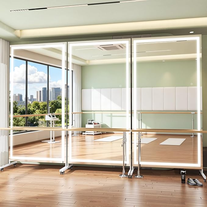 Hasipu Home Gym Mirror with Light 360° Swivel on Wheels, 71" x 36" Extra Large Full Length Rolling LED Mirror for Yoga Studio, Bedroom, Dancing Studio, White
