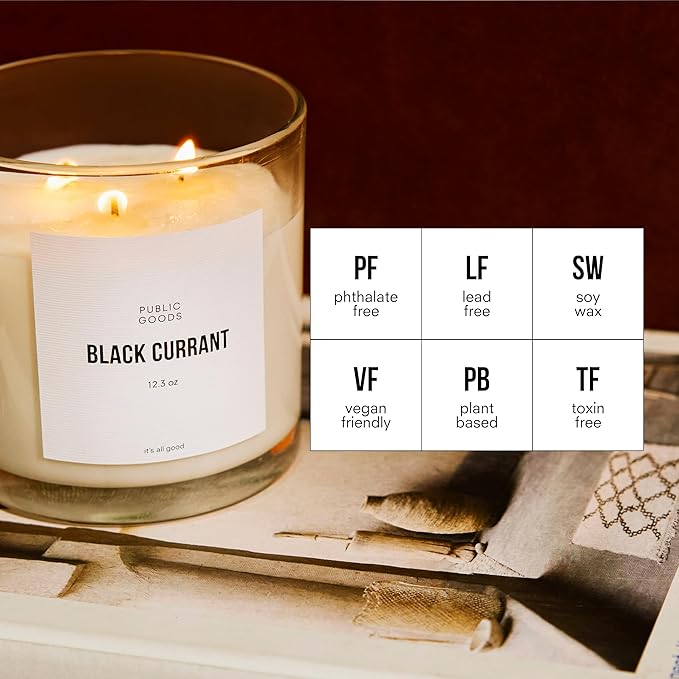Public Goods Scented Soy Candle for Women & Men | Large 3 Wick Glass Candle | Long Lasting & Non Toxic | Made with Natural Soy Wax & Organic Essential Oils | Gift Box | 12.3oz Jar | Black Currant