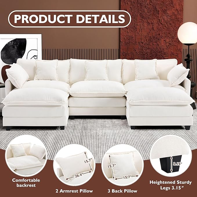 Ihanherry 111.4" U Shaped Cloud Couch Modern Modular Sectional Sofa with 2 Ottoman, 5-Seat Chenille Deep Seat Sofa with 5 Pillows for Living Room, Bedroom and Apartment, Beige
