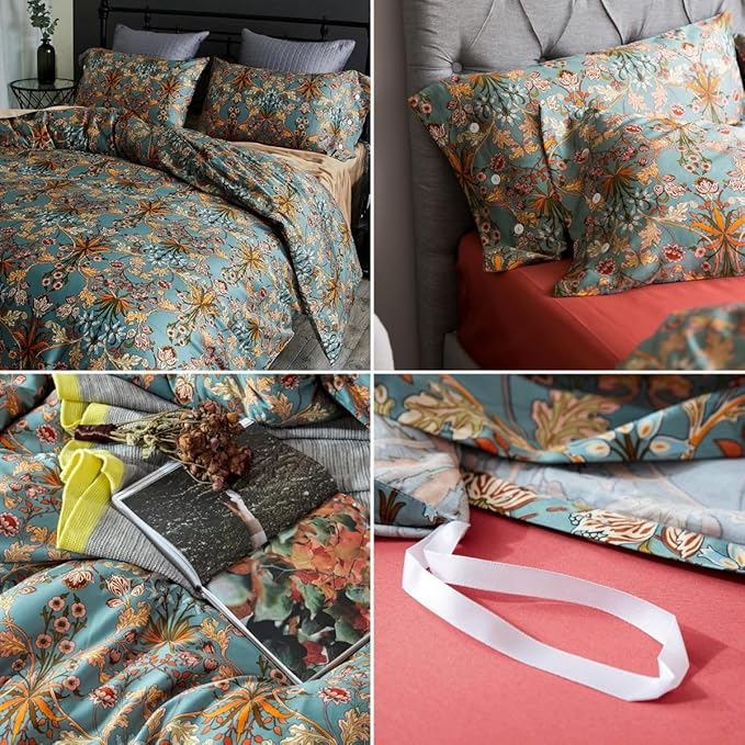 Vintage Style Garden Flower Duvet Cover Set King Boho Floral Long Staple Cotton Comforter Cover Luxury Soft Green Golden Floral Bedding Set Boho Farmhouse Bohemia Duvet Cover with 2 Pillowcases