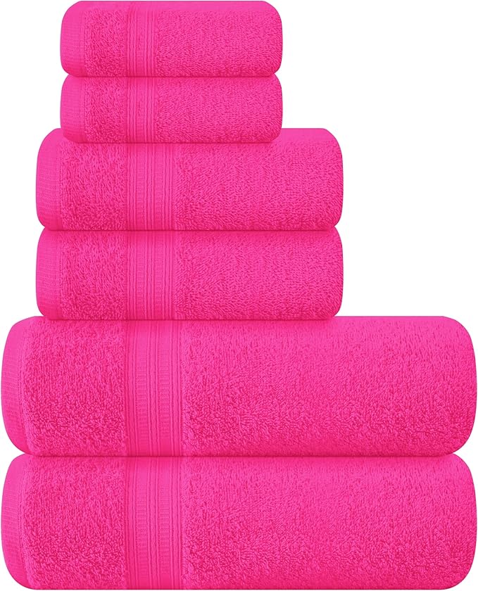 BOUTIQUO 6 Pack Cotton Towel Set, Contains 2 Bath Towels 27x54 inch, 2 Hand Towels 16x24 inch & 2 Wash Coths 12x12 inch, Ideal Everyday use, Ultra Soft Compact & Lightweight - Hot Pink
