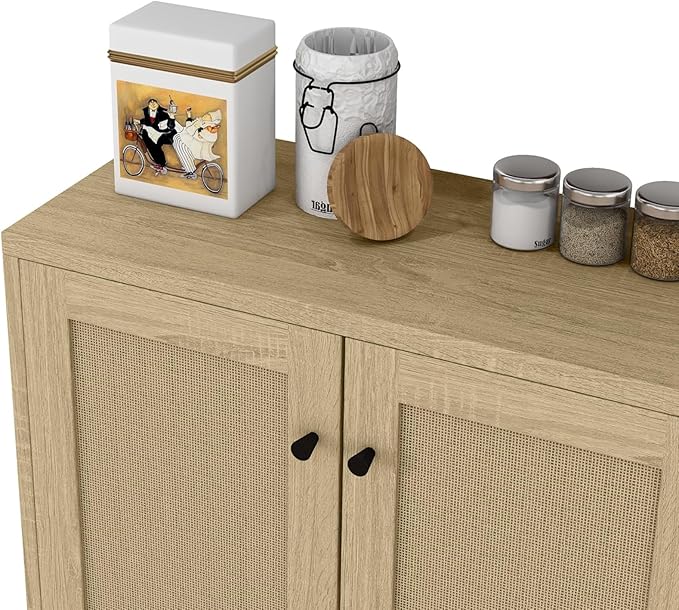 Panana Rattan Decorated 2 Doors Storage Cabinet Accent Cabinet Living Room Cupboard Kitchen Sideboard Buffet Table (Natural)