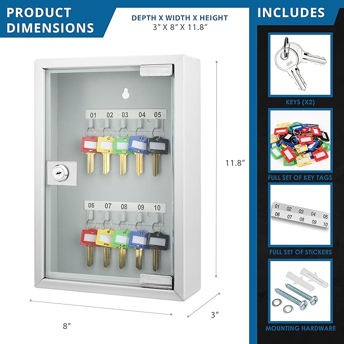 Barska Key Lock Box with Glass Door – Wall Mount Steel Key Cabinet Organizer with Labeled Hooks and Colored Key Tags for Home, Office, Property Management