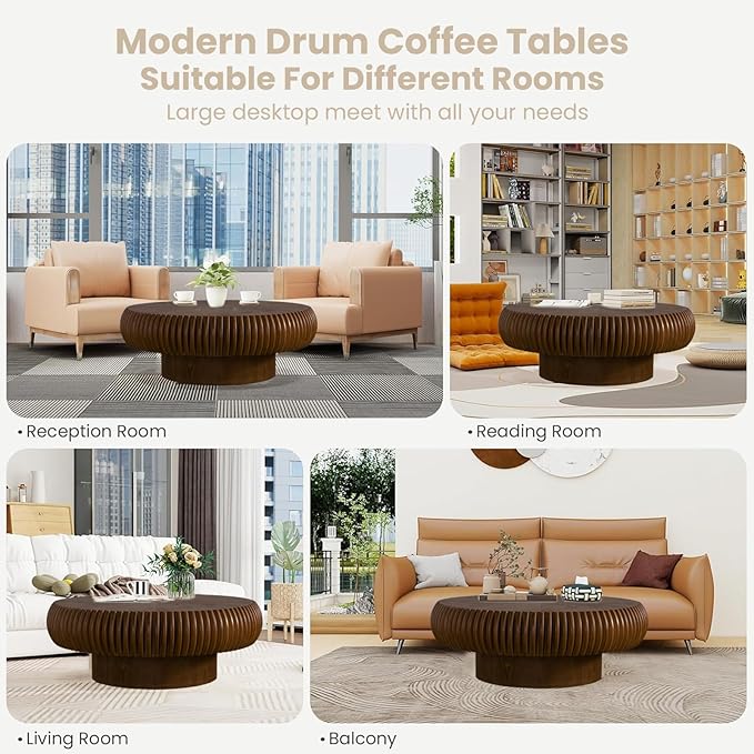 Round Fluted Coffee Table Modern Handcraft Drum Coffee Table with Sturdy Pedestal 39.37" Farmhouse Center Table Tea Table for Living Room, Reception Room, Entertainment Room (Walnut 39.37")