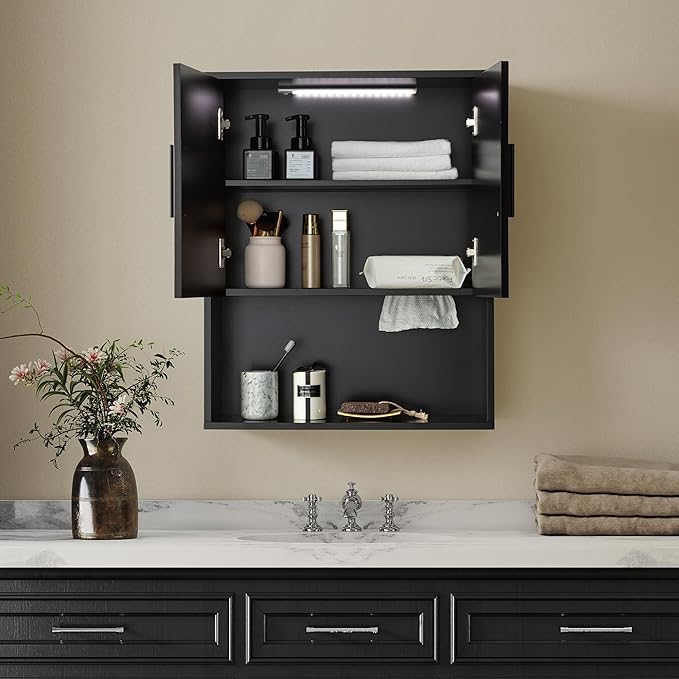Fluted Bathroom Wall Cabinet with DIY LED Light, Wooden Medicine Cabinet with Tissue Hole, Monuted Wall Cabinet with DTC Hinge (Silent Buffering), Over Toilet Storage Cabinet Modern Black