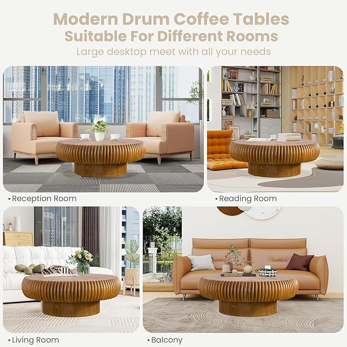 Round Fluted Coffee Table Modern Handcraft Drum Coffee Table with Sturdy Pedestal 31.5" Farmhouse Center Table Tea Table for Living Room, Reception Room, Entertainment Room (Brown 39.37inch)