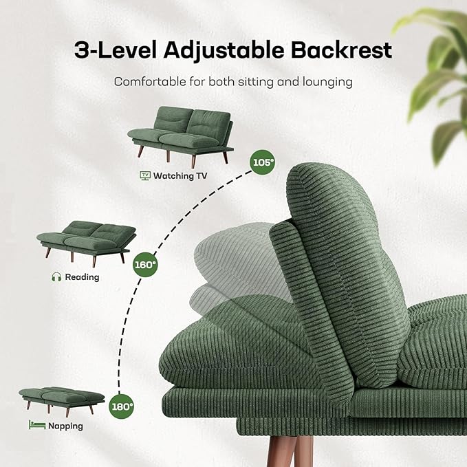 Marsail 75" Futon Sofa Bed, Futon Couch with Adjustable Backrest & Armrests, Convertible Sleeper Sofa Bed for Apartment, Living Room, Office, Corduroy Loveseat, Green