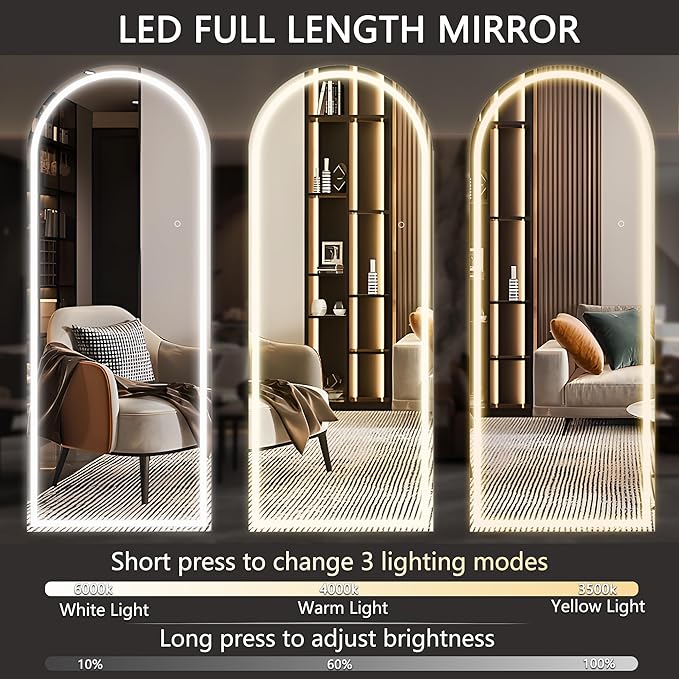 Hasipu 75" x 28" Led Mirror Full Length, Arch Mirror Full Length with Lights, Floor Full Body Glass with Stand,Tempered Glass,Shatter-Proof, Dimming & 3 Color for Bedroom Cloakroom-UL