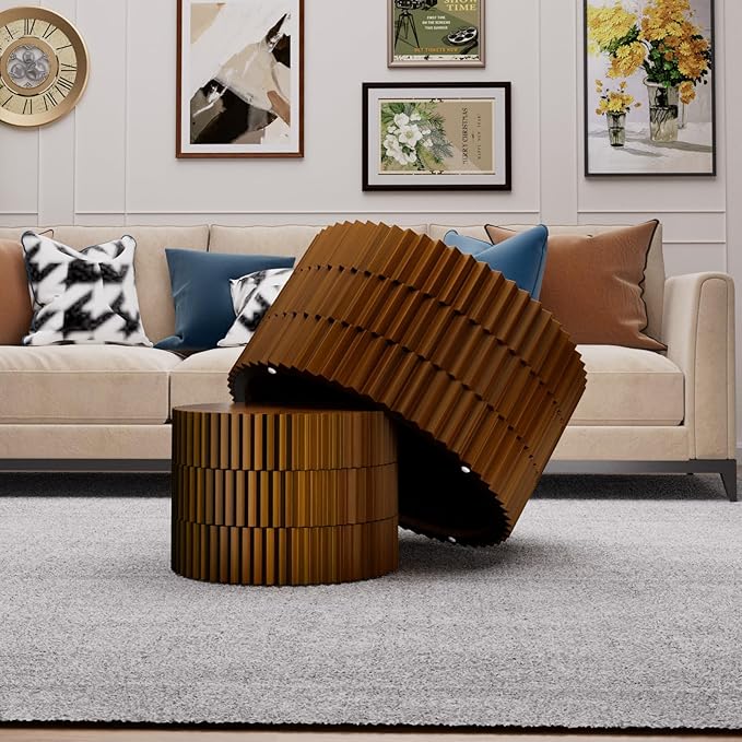26.8" Round Coffee Table Set of 2 Wooden Nesting Coffee Tables Modern Circle Coffee Table Industrial Side Table Farmhouse Nesting Tables for Living Room Bedroom, Office (Walnut 26.8"+19.7")