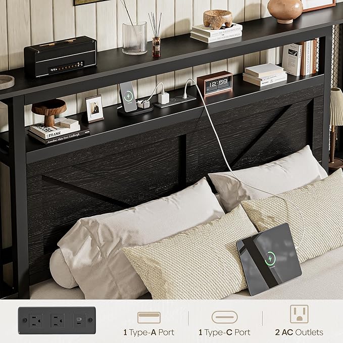 Queen Size Rustic Bed Frame with Storage Born Door Headboard and Bedside Storage, Industrial Farmhouse Metal Platform Bed Frame with Charging Station and LED Lights, Black