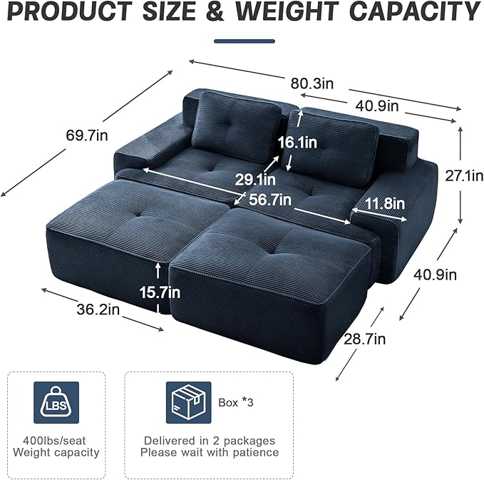 80" Modern Corduroy Boneless Love Seat Couches with 2 Ottomans, 2 Seater Large Sectional Couches for Living Room, Blue Cloud Modular Sectional Sofa, Memory Foam, Extra Deep Loveseat, No Assembly
