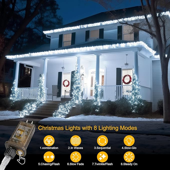 196FT 600LED Christmas Lights Plug in,Waterproof Fairy Lights with Plug 8 Modes,Lights Lighting Outside Indoor Garden Party Wedding Christmas Tree Decoration(Cool White)