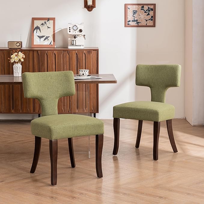 Mid Century Modern Dining Chairs Set of 4, Upholstered Side Dining Chairs with Curved Back Linen Fabric Armless Wood Chairs Kitchen & Dining Room Farmhouse Chairs (Green)