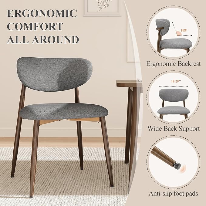 Dining Chairs Set of 4, Upholstered Dining Room Chairs with Metal Legs and Anti Slip Pads, Curved Back Kitchen Chair for Home and Restaurant Use, Light Grey