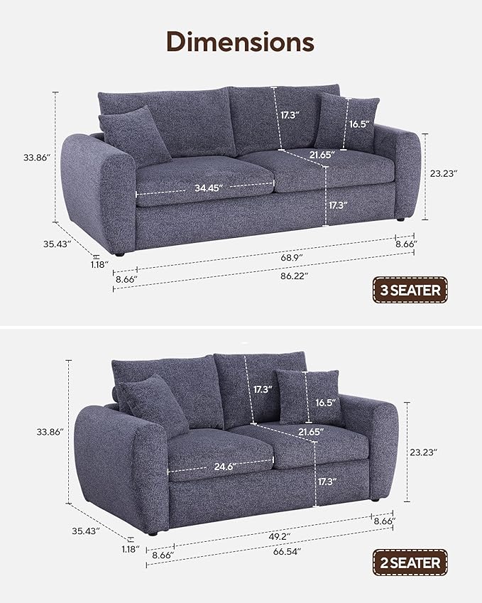Sofa Couch, 66.5" Gray Modern Couch with Deep Seats, Chenille Fabric Comfy Sofas with Wooden Interior,loveseat Couch with Wide Armrest, Couches for Living Room, Bedroom and Office