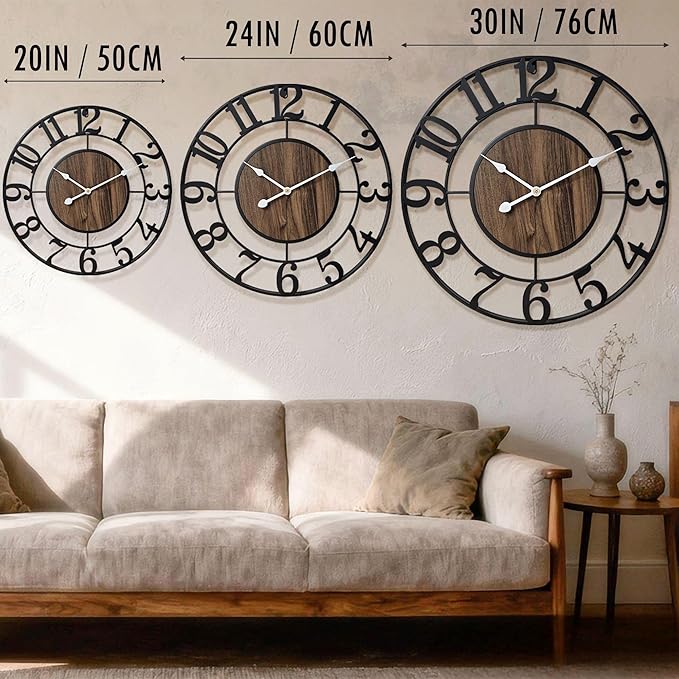 Large Metal Wall Clock, 24 Inch Retro Decorative Silent, Non Ticking, Battery Operated Modern Big Wood Wall Clock for Living Room, Farmhouse, Bedroom, Fireplace, Kitchen, Office, Home Decor