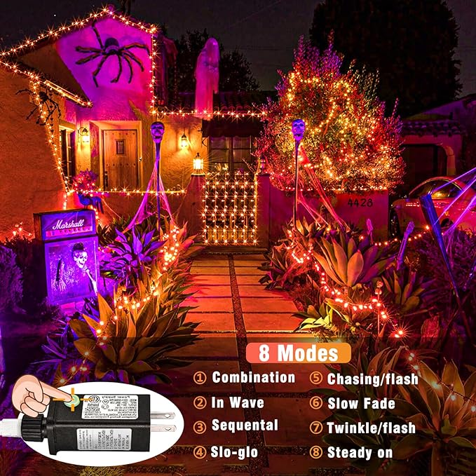 Vivideal 100ft 300 LED Orange Christmas Lights Outdoor Waterproof String Lights Indoor 8 Modes Clear Wire, Plug in Orange Christmas Light for Xmars Tree Bedroom Thanksgiving Decorations