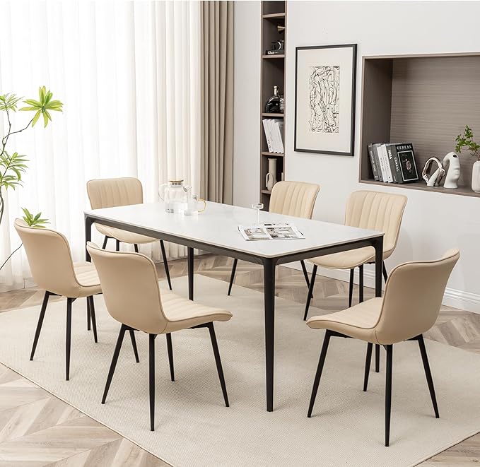 Leather Dining Chairs Set of 6, Upholstered Dining Room Chairs with Metal Legs, Modern Dining Chair for Dining Room, Kitchen (Beige)