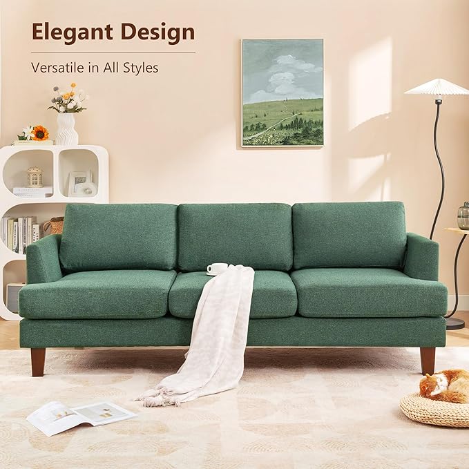 3 Seater Sofa Couch with Deep Seats, 89" Mid Century Modern Upholstered Sofa with Armrests, Comfy Couches for Living Room, Bedroom, Apartment and Office (Green)