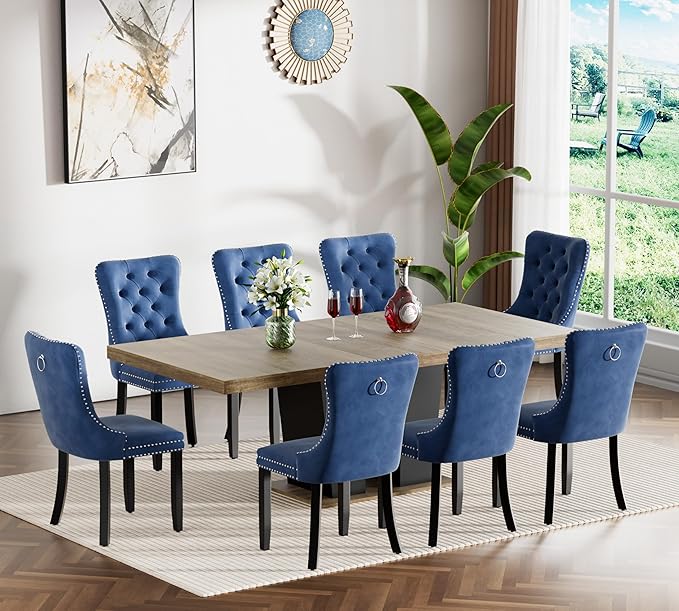 Goujxcy 78.7" Extendable Dining Room Table Set for 8, 9-Piece Farmhouse Kitchen Dining Room Table Set with Wood Base and 8 Black Velvet Tufted Chairs, Extending Kitchen & Dining Table Set of 8