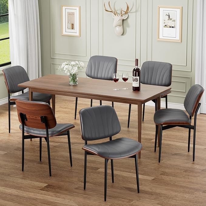 Dining Chairs Set of 2, Mid-Century Modern Upholstered PU Leather Chairs with Walnut Back and Metal Legs Adjustable Feet for Kitchen Dining Room, Dark Gray Shell Strips