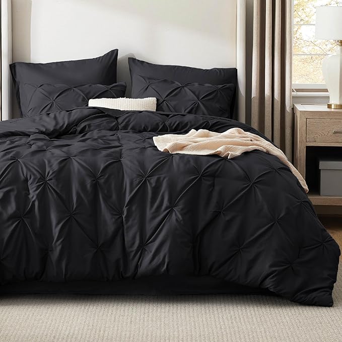 Bedsure Oversized Queen Comforter Set Black - Bed in a Bag Bedding Set 7 Pieces, GentleSoft™ Pintuck Bed Set Gift for Family, Pinch Pleat All Season Comforter with Sheets, Pillowcases & Shams