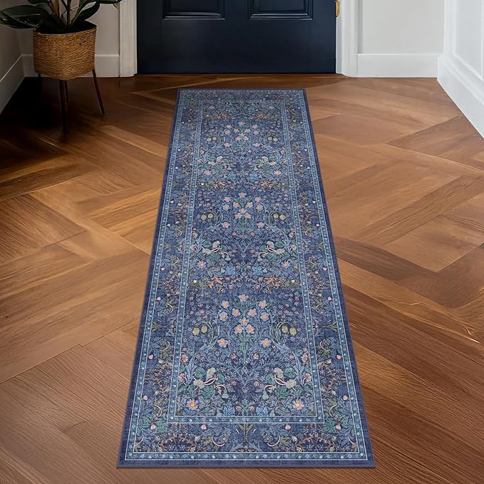 Non Slip 2x7 Dark Blue Hallway Runner - Long Runner Rugs for Bathroom, Washable Kitchen Floor Mat, Bedroom Bedside - Dusky Navy Vintage Floral Décor